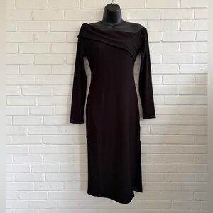 Iris Fitted Off the Shoulder Black Knit Long Sleeve Midi Dress w/ Slit, SZ L EUC
